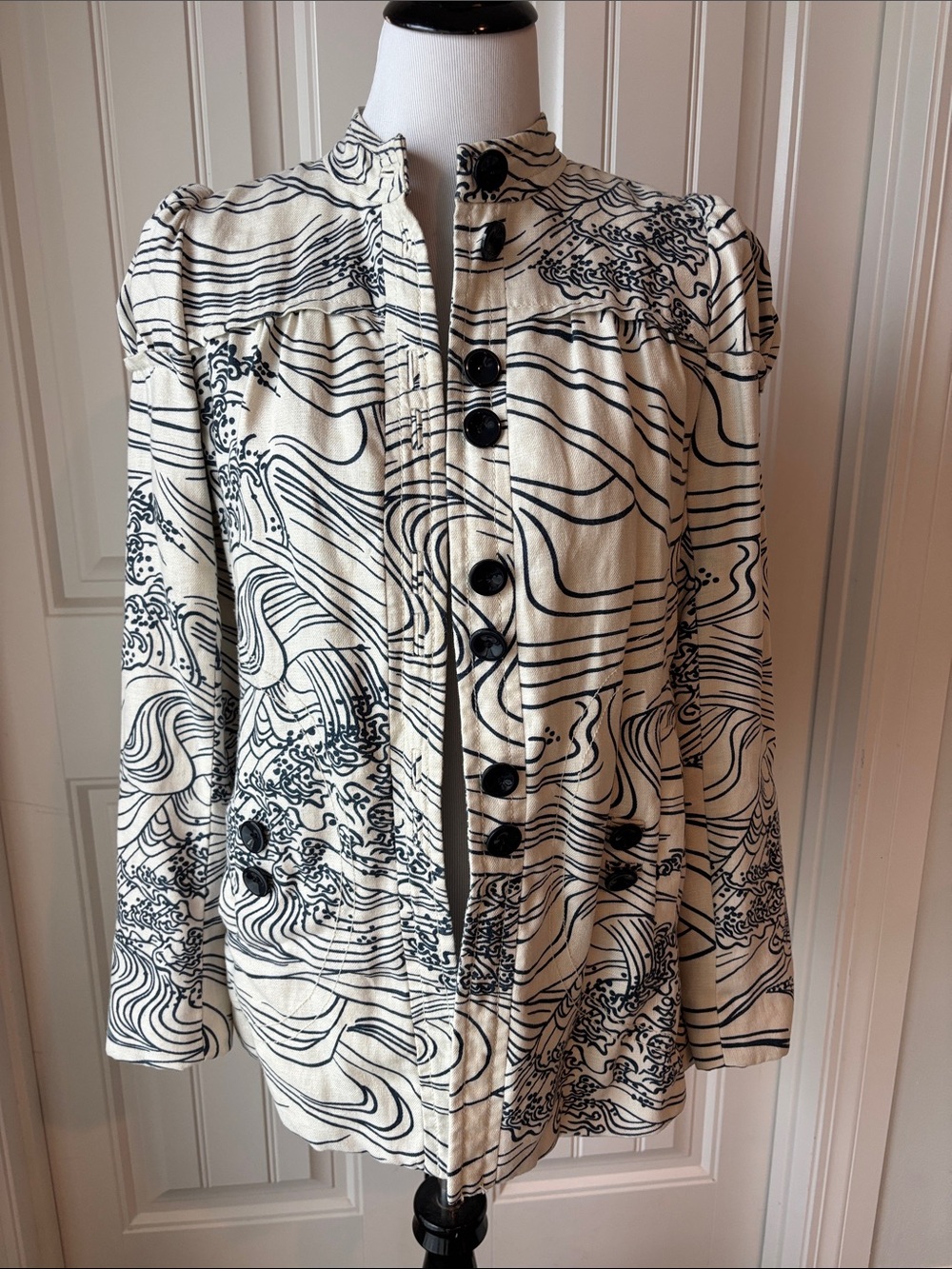 Anthropologie Elevenses Steamfest Wave Print Linen Blend Jacket Coat Size 4 - Picture 3 of 14